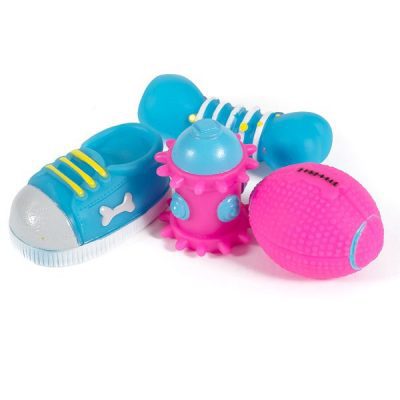 A collection of four soft and squeaky toys in various shapes.