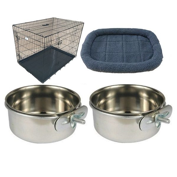 HugglePets Dog Cage with Sheepskin Bed & 2 Clamp On Bowls