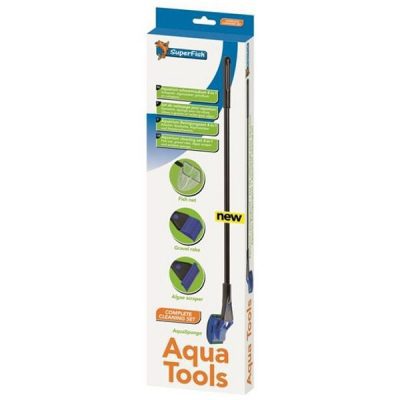 Complete aquarium cleaning sets with a range of accessories including net, plant fork, glass sponge, gravel rake and algae scraper.